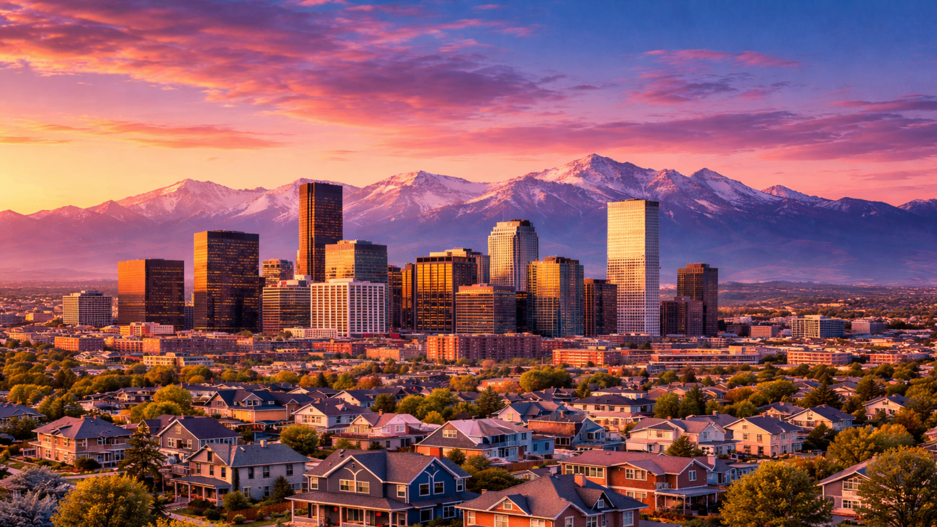 Colorado Front Range foothills behind a residential neighborhood of first-time-buyer homes