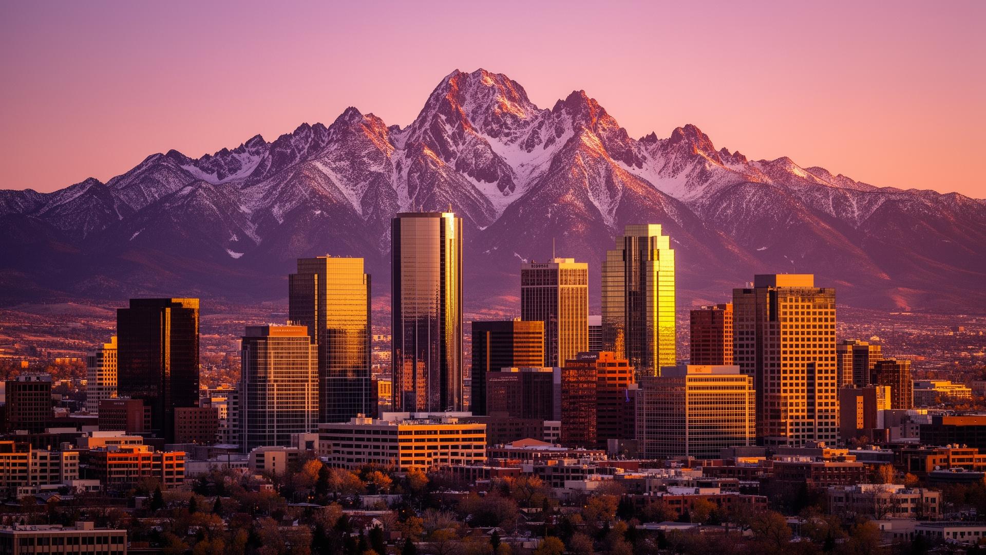 Denver, Colorado skyline with residential rooftops in the foreground